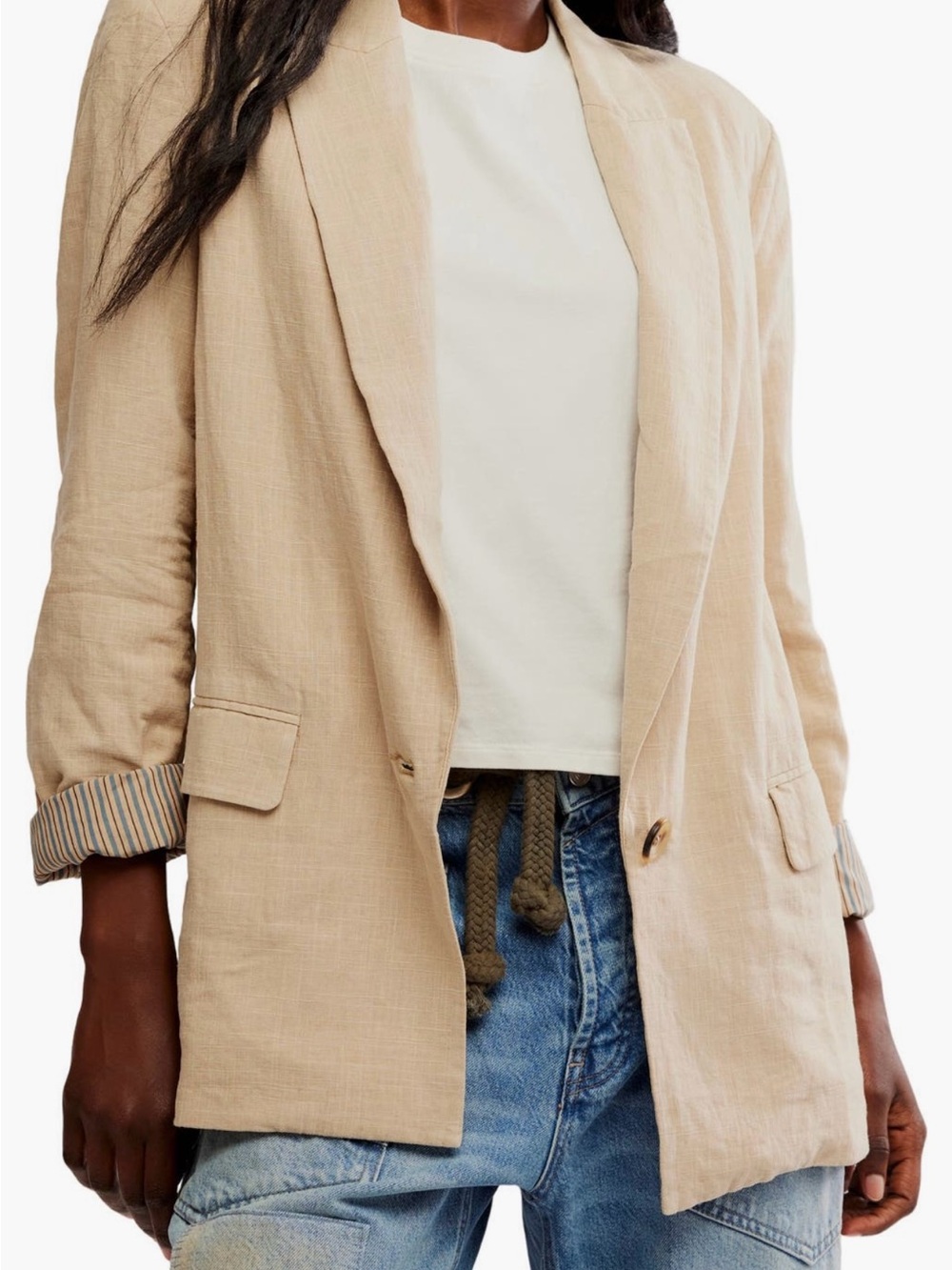 Free People Prep School Beige Linen Blend Women's Blazer Jacket, Size Small